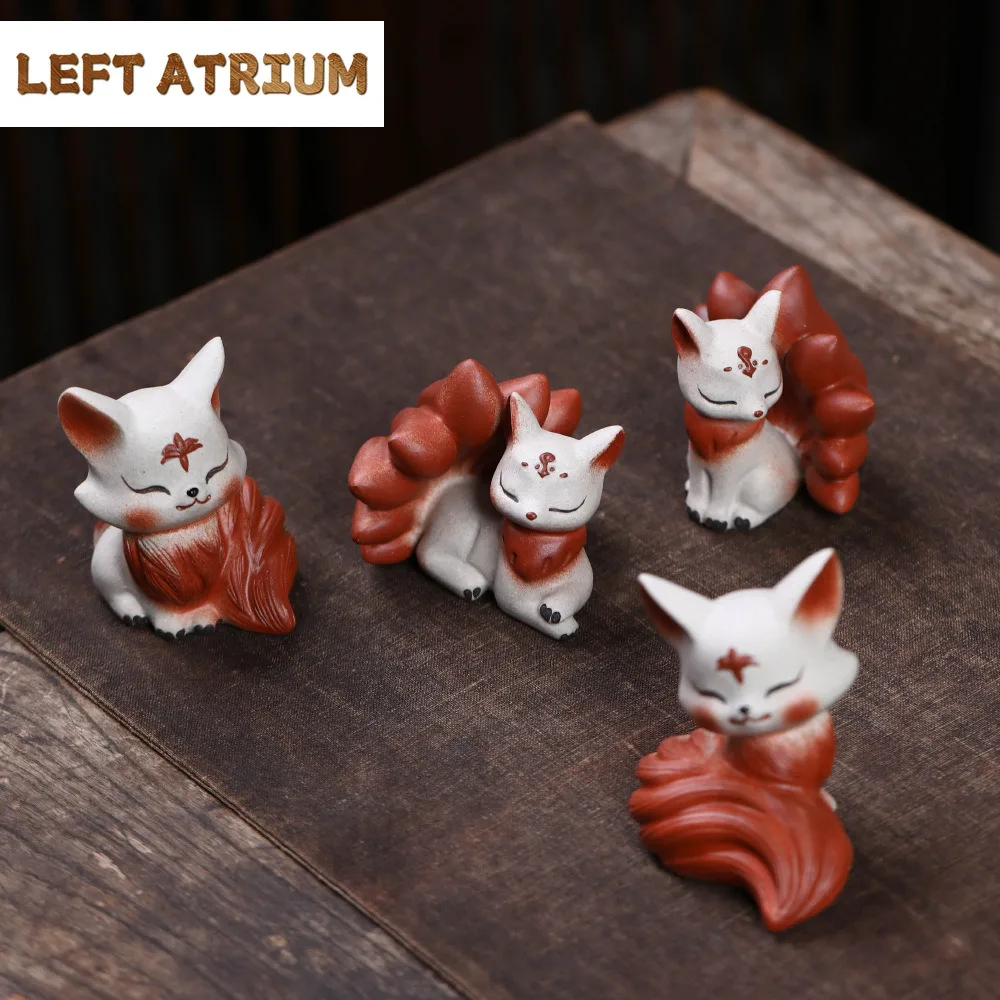 Yixing Purple Clay Nine-tailed Spirit Fox Tea Pet Zen Flowerpot Landscaping Tea Figurine Play Toys Tea Statue Ornaments Teaset