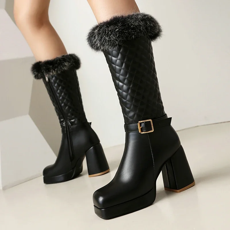 Black White Faux Fur Winter Warm Snow Boots for Women Chunky High Heels Platform Waterproof PU Leather Mid-calf Boot Big Size 47