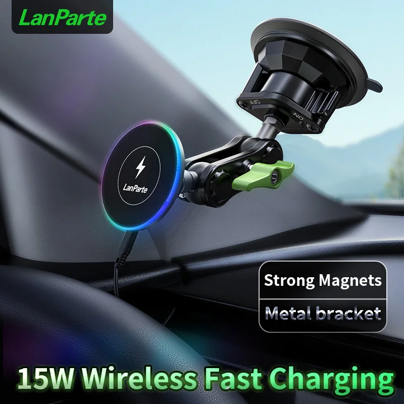 LanParte 15W Fast Qi Wireless Charging Car Phone Holder Suction Dashboard Mount 360 Adjustable Arm Phone Stand for iPhone 16