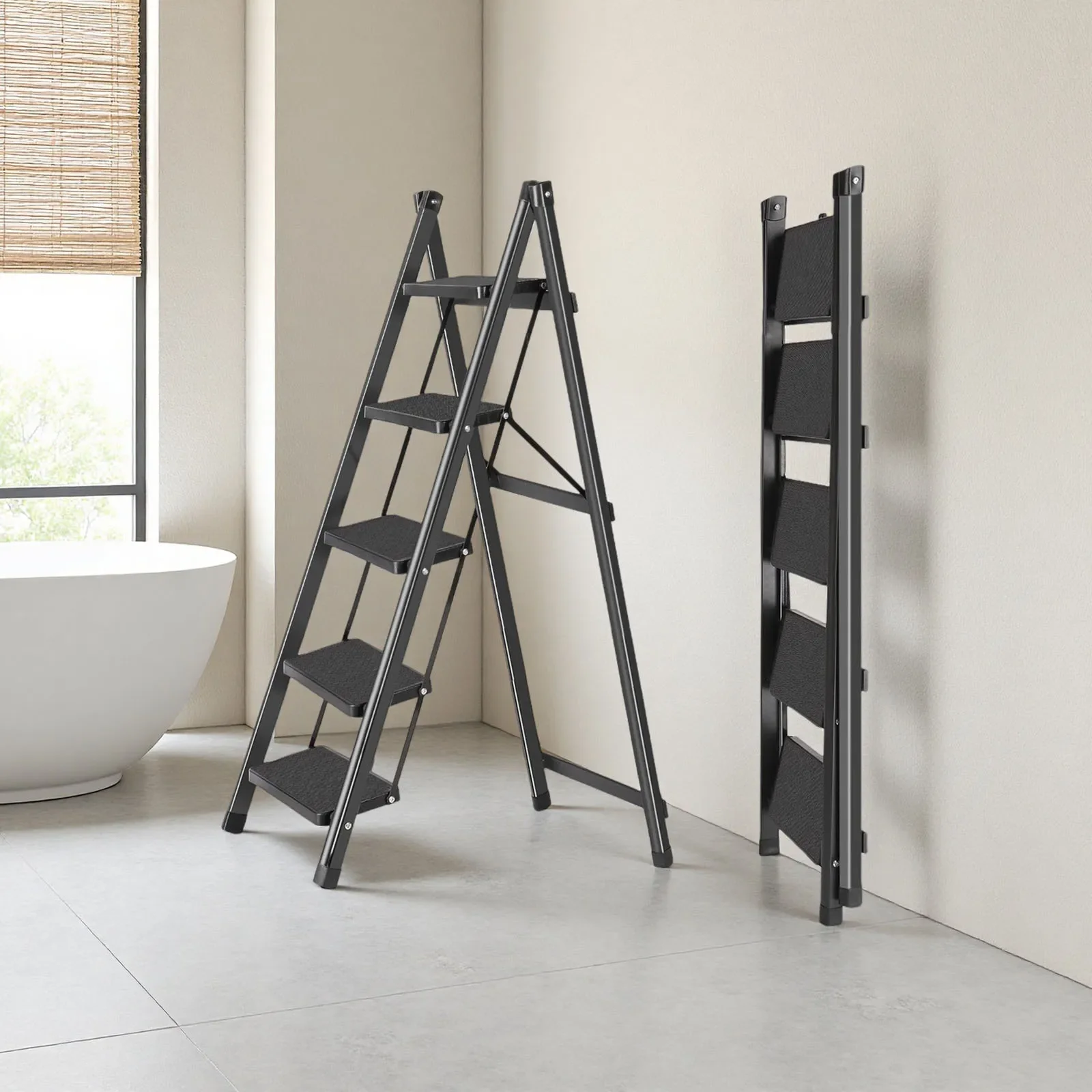 Escalera Doméstica Multifuncional de Cinco Peldaños con Peldaños Antideslizantes Duraderos, Escalera Plegable Extensible Tipo Espiga Multifuncional