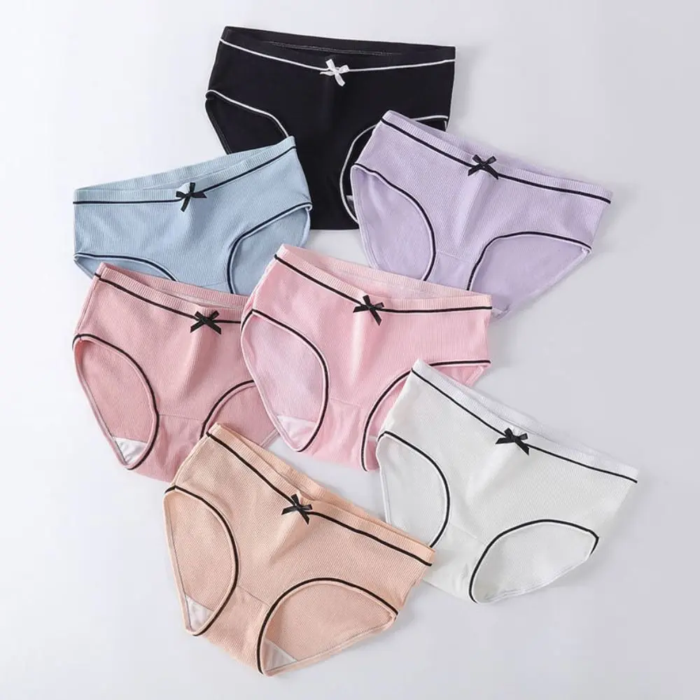 

10PCS Fashion Bowknot Solid Color Panties Stripe Underpants Underwear Women Breathable Female Lingeries Low Waist Briefs Lady