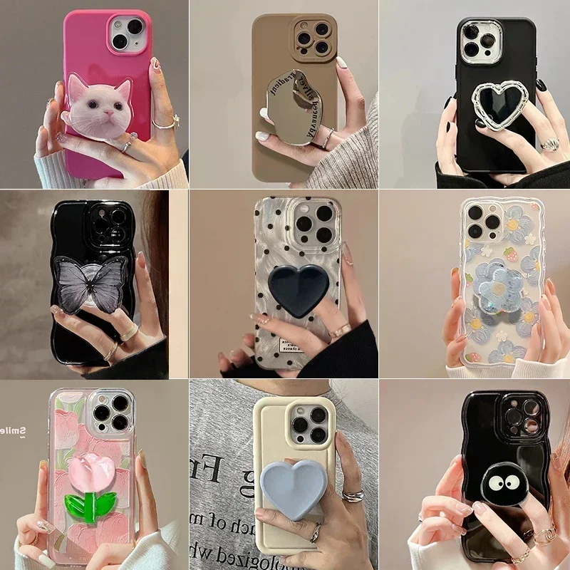 Silver Heart Holder Grip Cases For iPhone 15 Pro Max 14 Plus 16 Pro 13 12 11 Korea Griptok Case with pop Grip Socket non magsafe