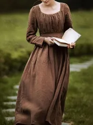 2023 Women Medieval Victorian Retro Dress Square Collar Long Sleeves High Waist French Apparel Brown Blue Temperament Long Dress