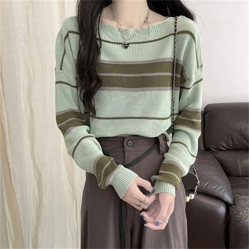 Women Trendy Striped Patchwork Chic Kawaii Knitted Sweaters Y2K Female Casual Streetwear Long Sleeve Loose Pullover Tops Jumpers