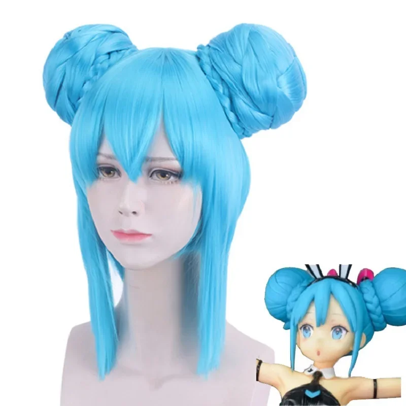 Vocaloid Miku Peluca de conejito azul con bollos, pelo sintético para principiantes, pelucas de Cosplay universales para mujeres