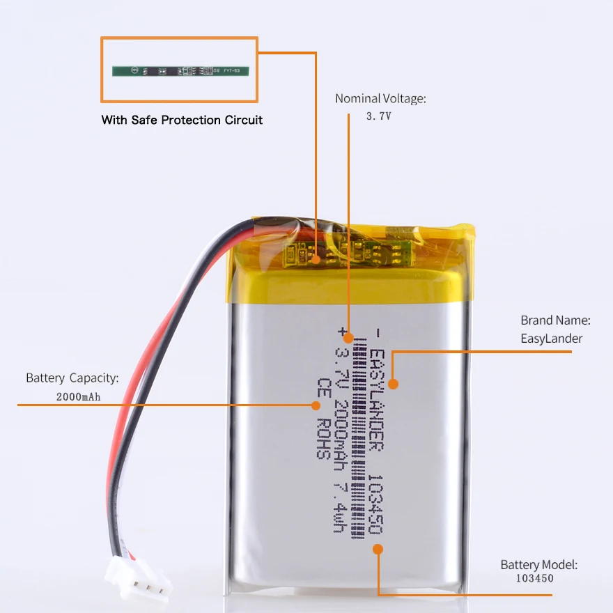 JST 2.0 mm 3pin 3.7V 2000mAh 103450 Lithium Li-ion Polymer Battery Lipo 303450 403450 503450 603450 703450 803450 903450