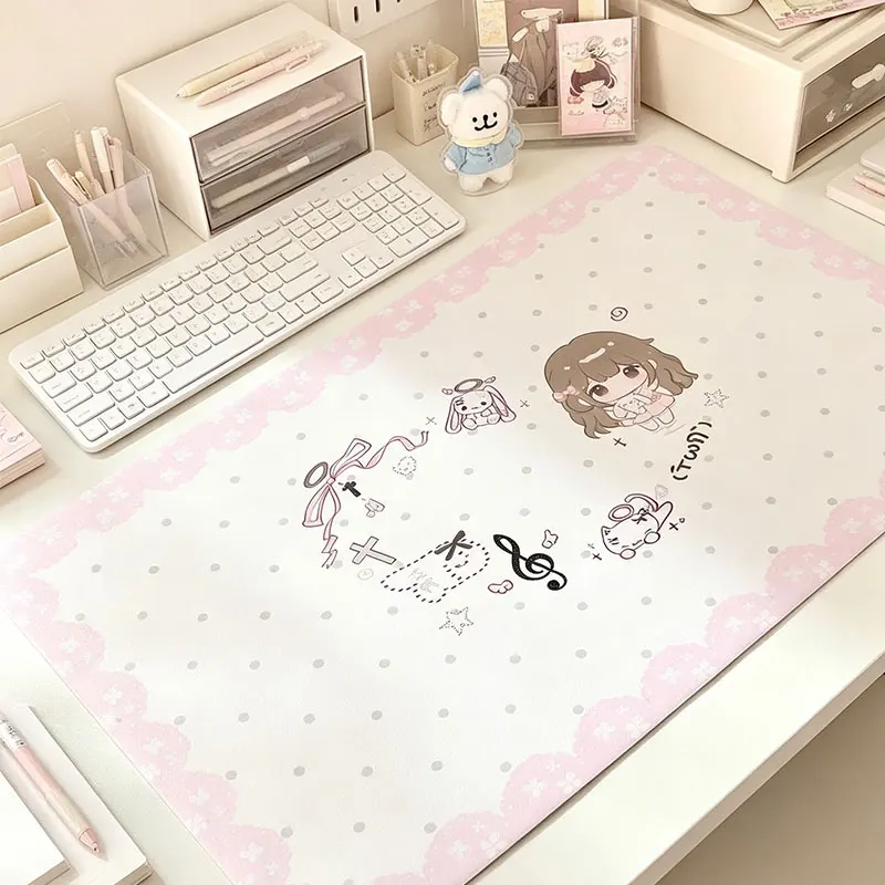 Cute Anime Girl Y2K Polka Dot Pu Leather Mouse Pad Waterproof Desk Mat Protective Game Keyboard For Dorm Vanity Table Mat Decor