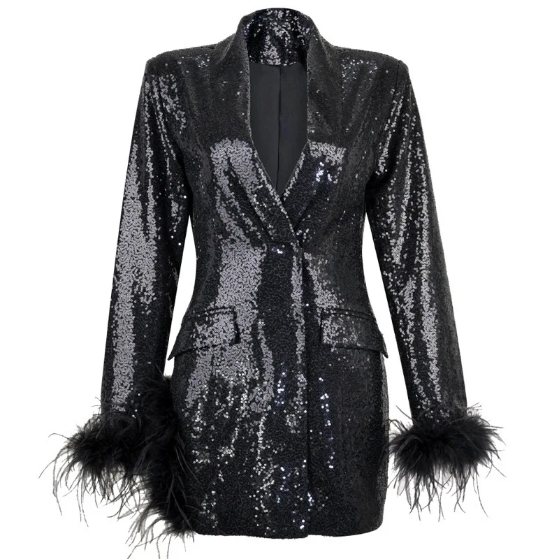 autumn winter fashionable European American sequined deep V-neck feather sleeve black suit jacket ropa mujer blazer vrouwen traf