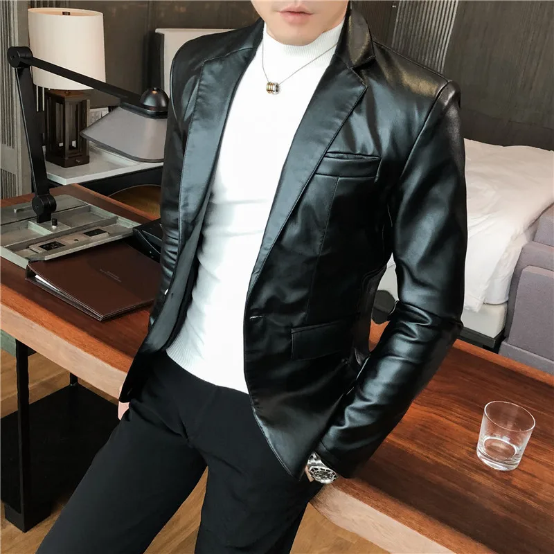 Men Casual Black White Suit Leather Jacket /Men Solid Color Business Suit Collar PU Blazers Dress Coat Fashion /New Men Clothing