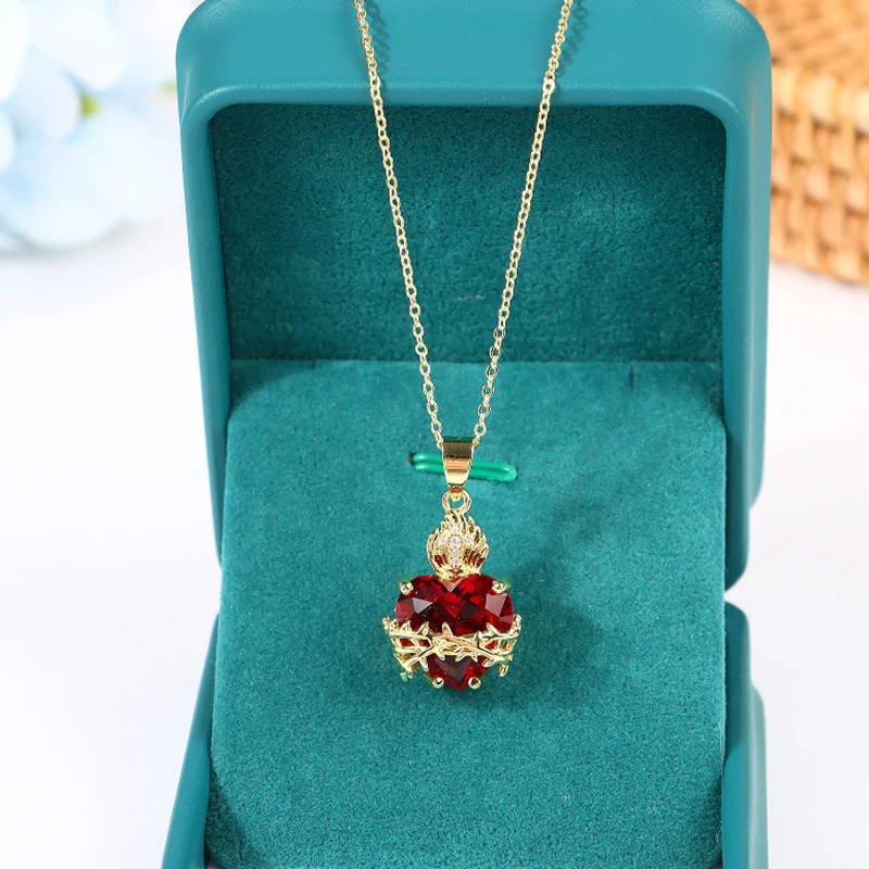 Trendy Sacred Necklace Of Jesus Red Zircon Heart Pendant Cross Choker For Women Jewelry Party Gifts