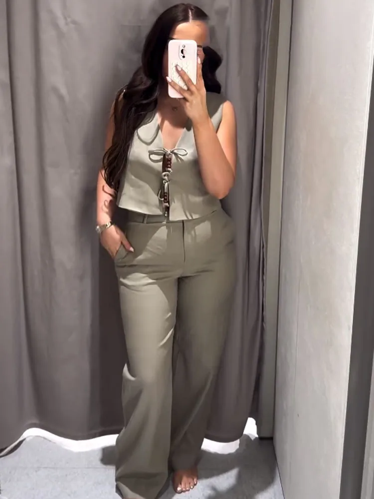 Damski komplet HH, 2-częściowy, elegancki, sznurowany, z koralikami, dekolt w serek, bez rękawów, codzienna bluzka typu vest + luźne spodnie z wysokim stanem i szerokimi nogawkami, z jednolitą kolorystyką i bocznymi kieszeniami.