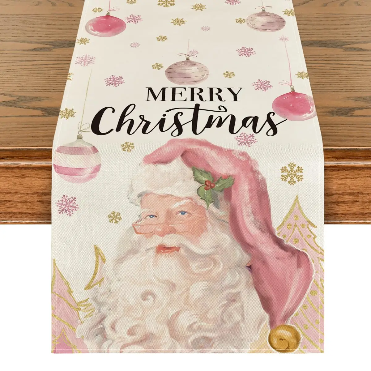 Christmas Table Runner, Pink Santa Claus, Xmas Balls, Holiday, Kitchen, Dining Table Decor, Home Party, Holidays, 13x72 Inch