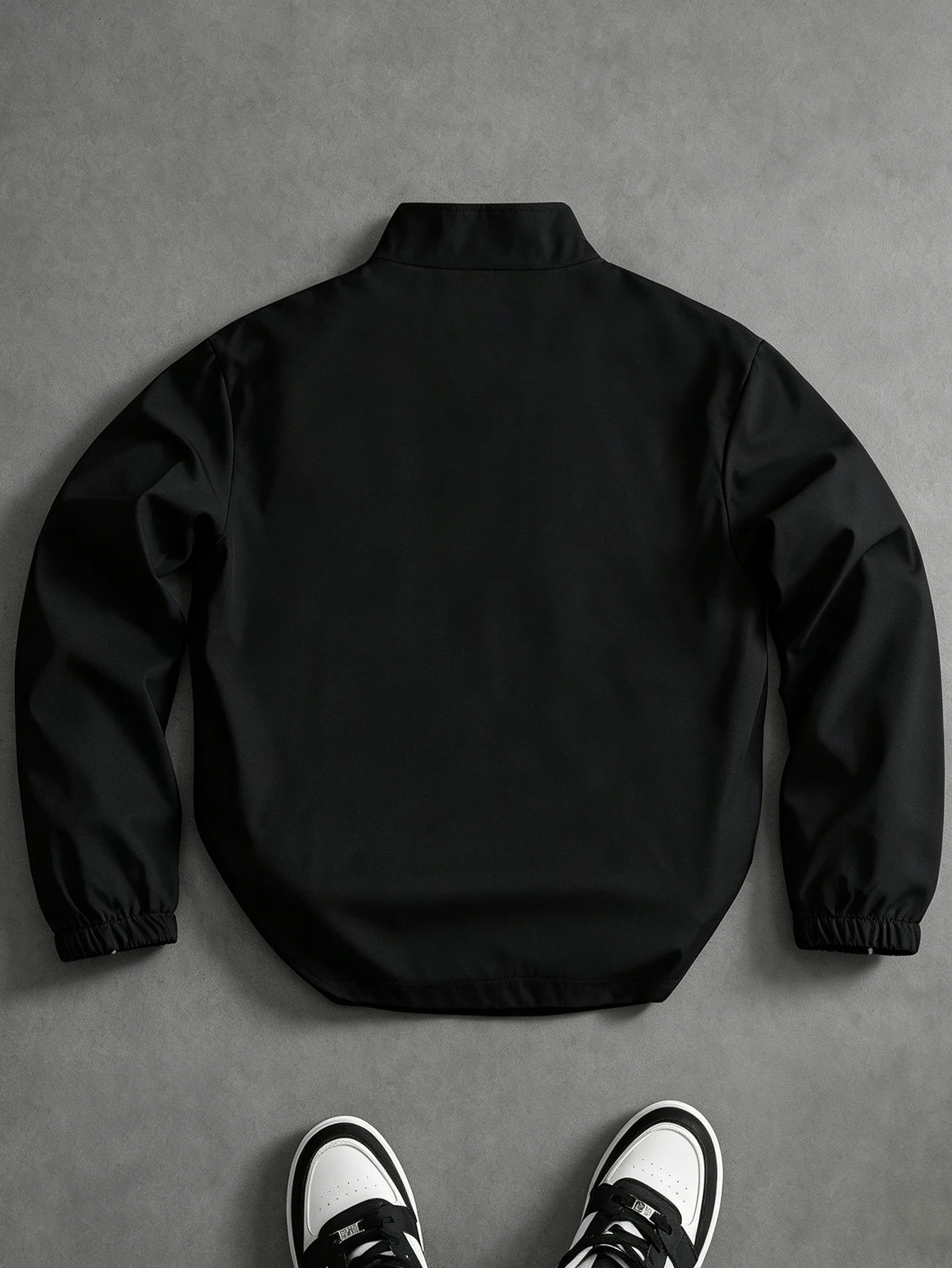 Men Stand Collar Full Zip Jacket, White Line Decor on Shoulder and Side, Side Seam Pockets, Elastic Cuffs, Smooth Windproof Fabric, Loose Fit, Street Sports Outerwear for Daily Wear