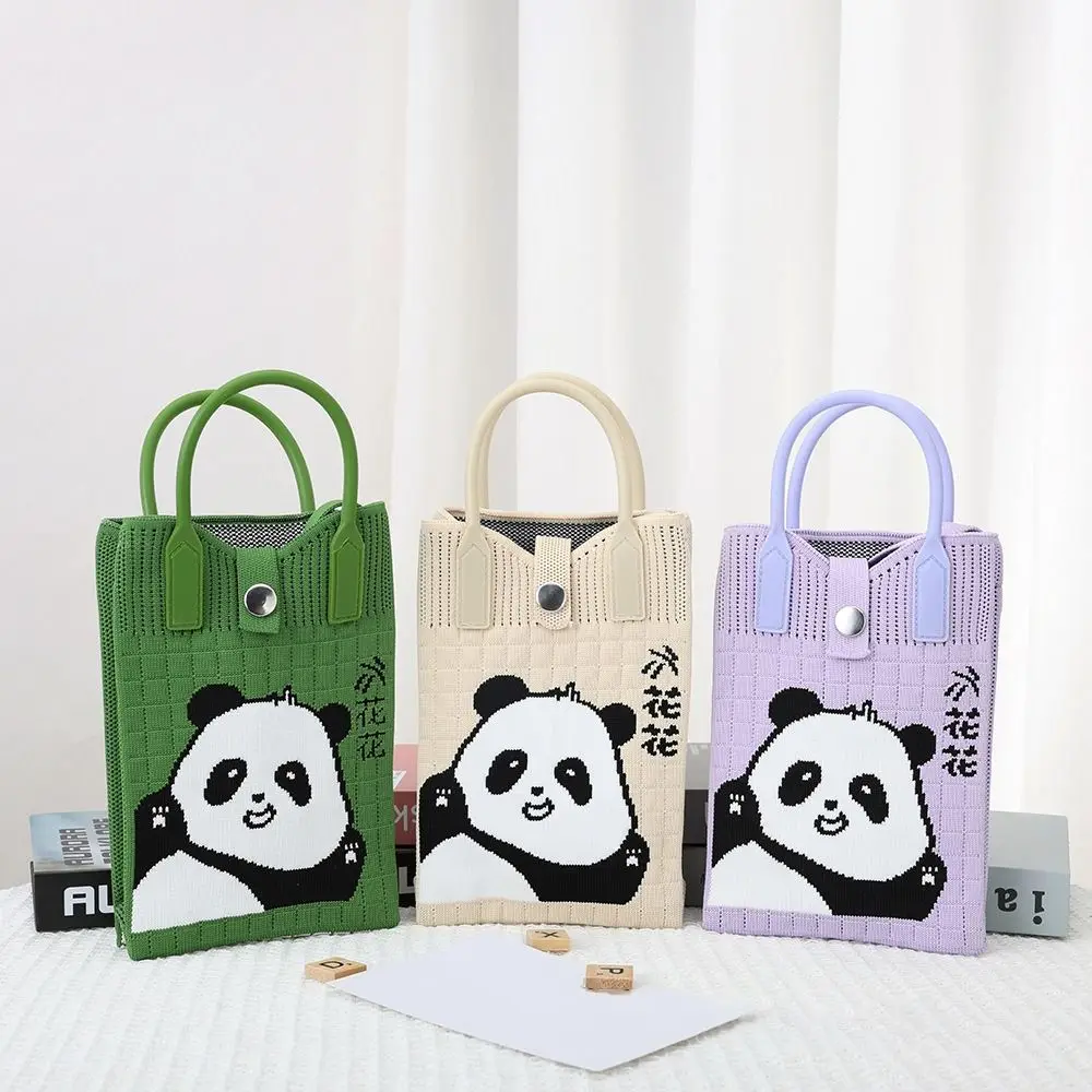 Mini bolso de mano de punto creativo para mujer, bolso de muñeca con nudo bonito de Panda de dibujos animados, bolso de teléfono plegable de gran capacidad, fácil de llevar