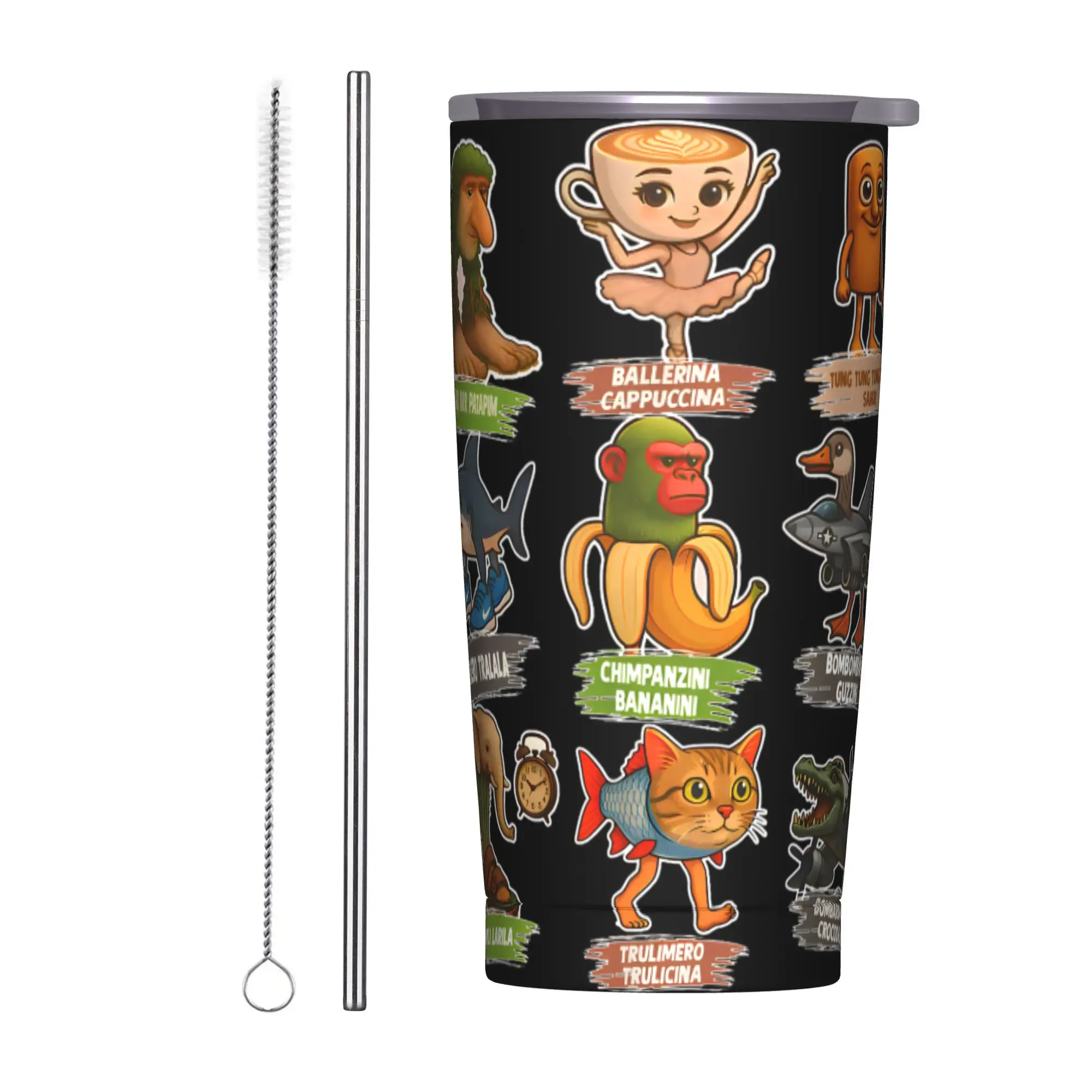 Brainrot Italian Characters Tumbler Vacuum Insulated Funny Meme Thermal Cup Stainless Steel Double Wall Mug Water Bottle, 20oz