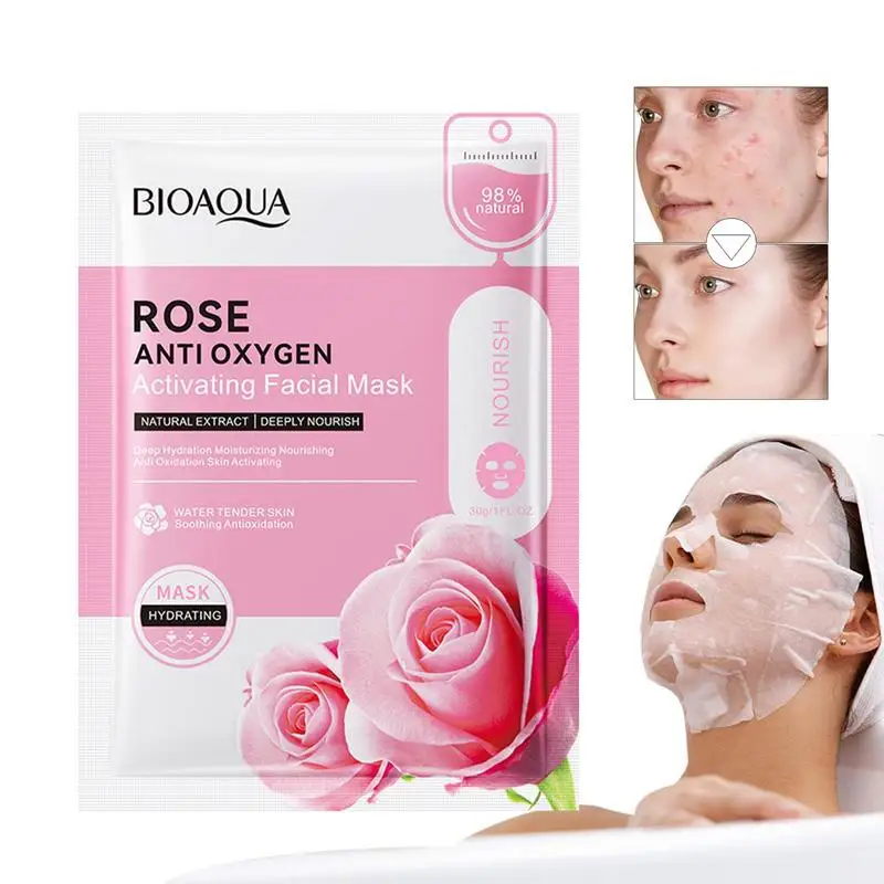 Lençol Facial Rosa Natural para Hidratação e Nutrição, Cuidado da Pele Descascante, Máscara Facial com Extratos de Rosa