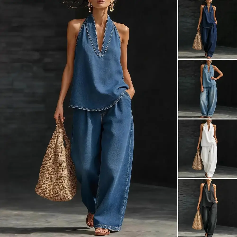 

Casual Solid Set For Women Fashion Solid Sleeveless V Neck Tops+High Waist Wide Leg Pants 2 Piece Sets Lady Holiday Women's