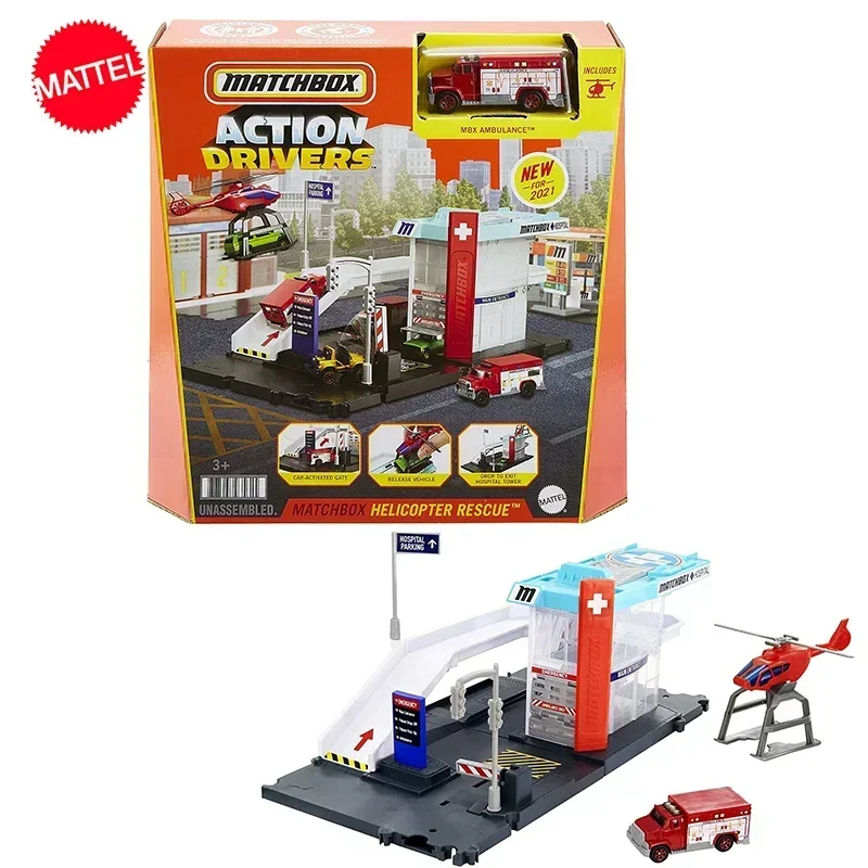 Original Mattel Matchbox 1:64 Car Playset Action Drivers elicottero salvataggio con scala ambulanza giocattoli per ragazzi collezione regalo