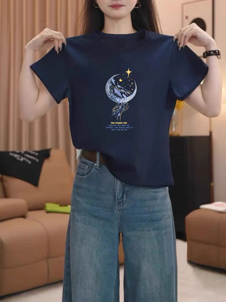 Slimming Effect Pure Cotton Short Sleeve T-Shirt round Neck Shoulder Width Normal Women's Fashion Korean Style Base Shirt
