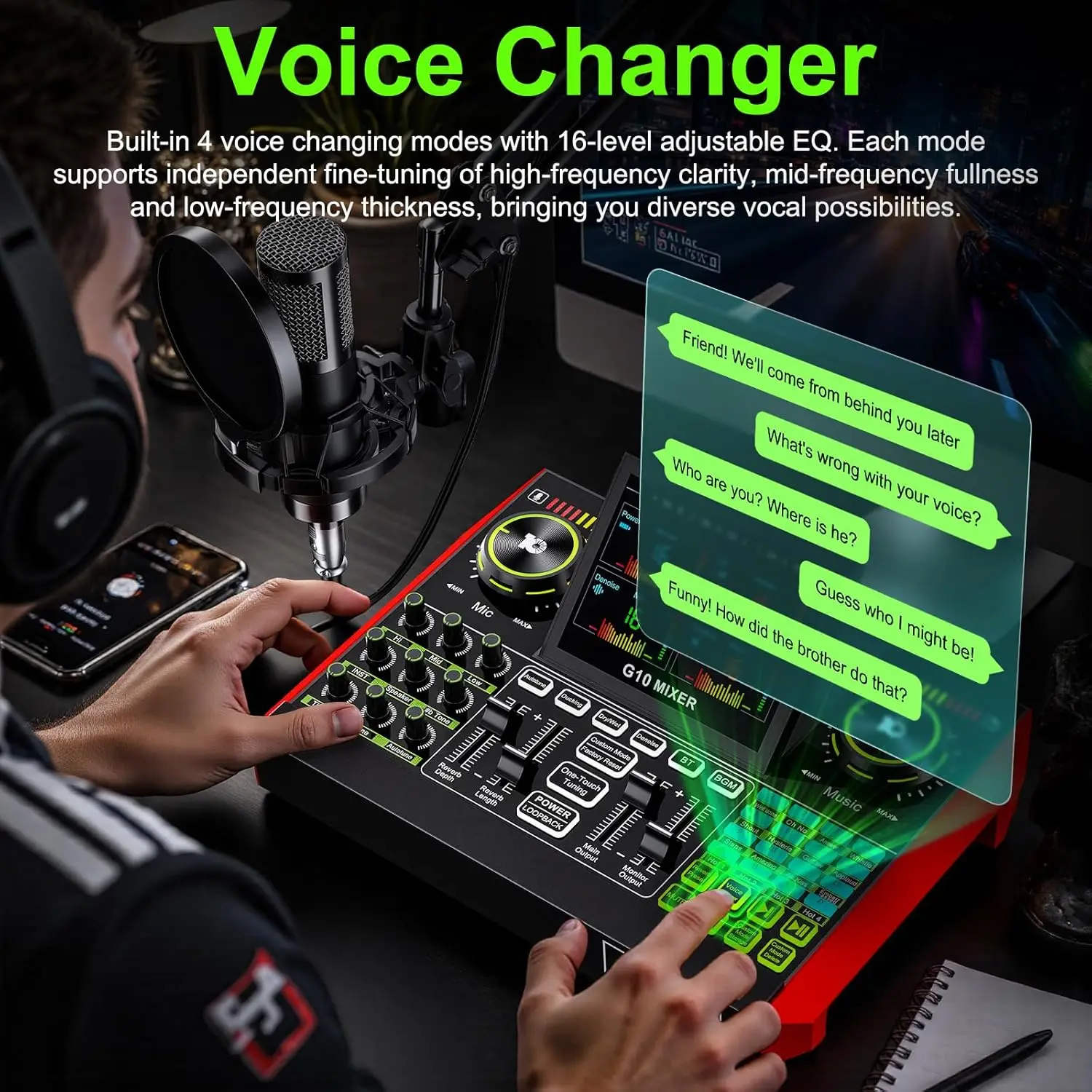 Tenlamp G10 Live Streaming Audio Interface Gaming Audio Mixer, Podcast Equipment with 3.5mm Condenser Mic,Sound Card for PC/Phone Podcast Recording, Voice Changer, Denoise,Phantom Power,Reverb，Music Power Conditioner Karaoke Machine view 2