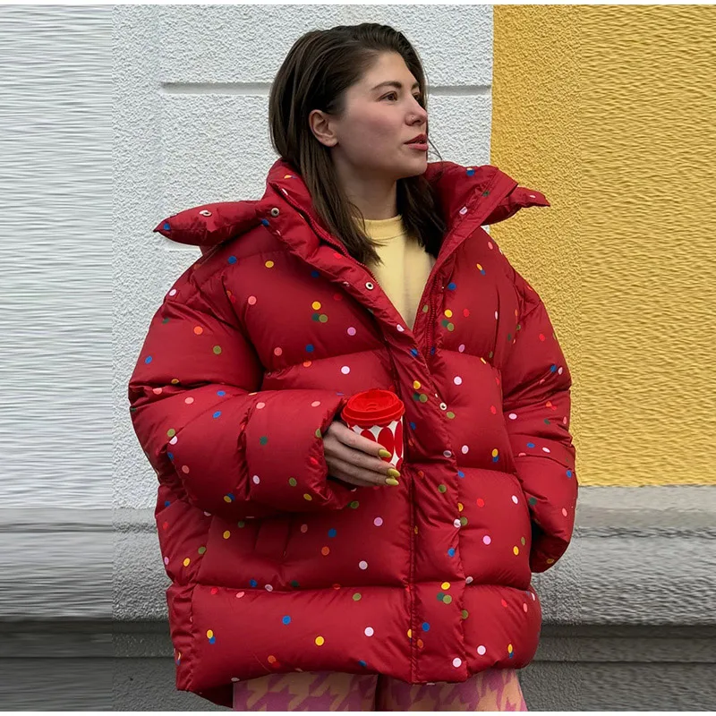Polka Dot Padded Coat Color‑block Hooded Stand Collar Zipper Buttons Oversized Jacket 2026 Winter Women Warm Chic Casual Outfits