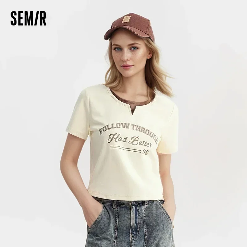 Semir Short Sleeve T-Shirt Women Short Letters American Retro 2024 Summer New Fake Two Pieces Slim Open Tops T shirt