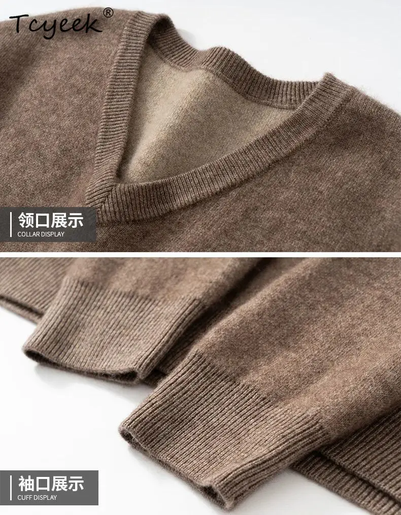 Tcyeek, 35% Cashmere 65%Wool Sweaters, Men V Neck Long Sleeve Thick, Casual Versatile Sweater, 2024 Autumn Winter New T48144QM