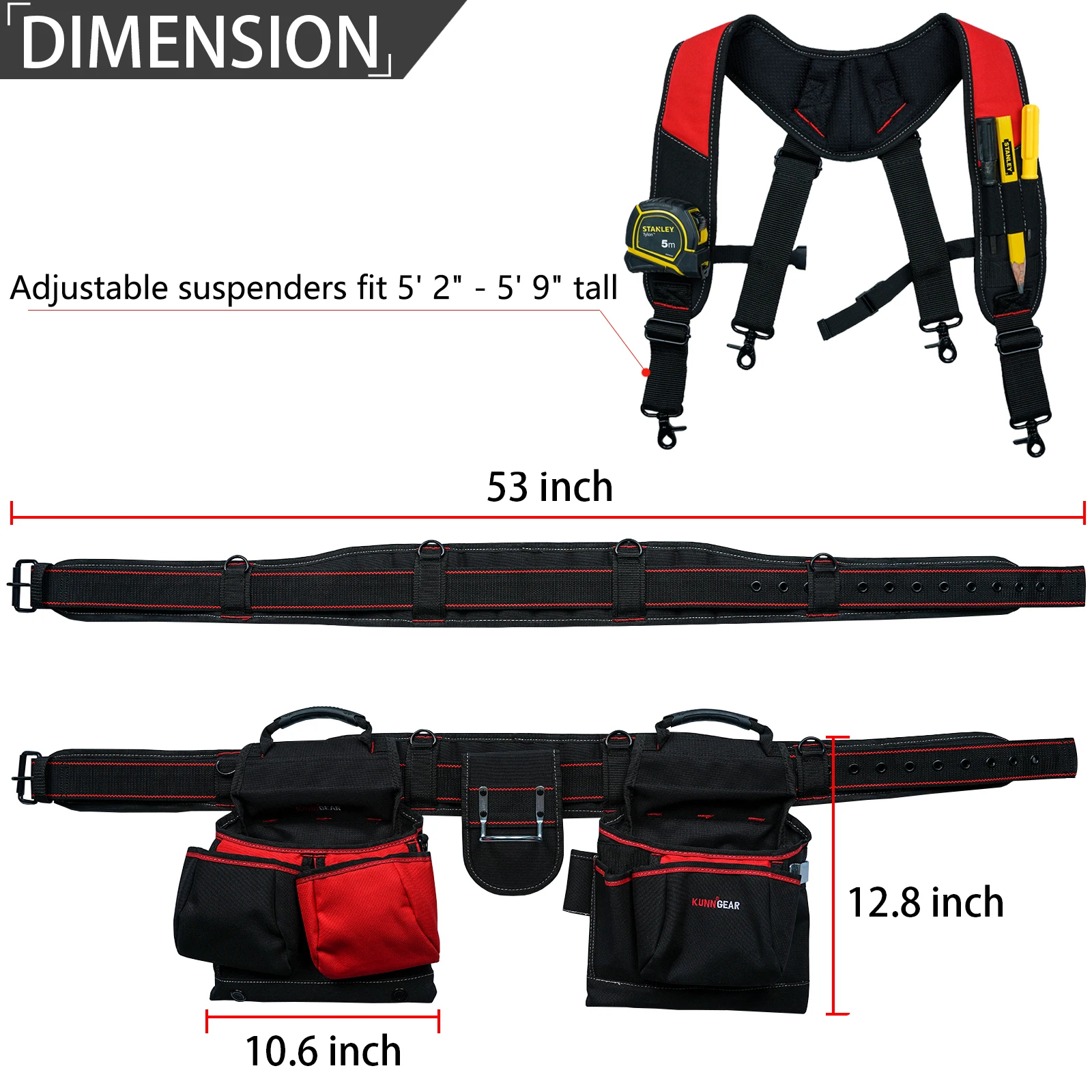 KUNN Tool Belt with Suspenders,Pro Framer Belt/Suspenders Combo Apron for Carpenter,Construction and Electrician