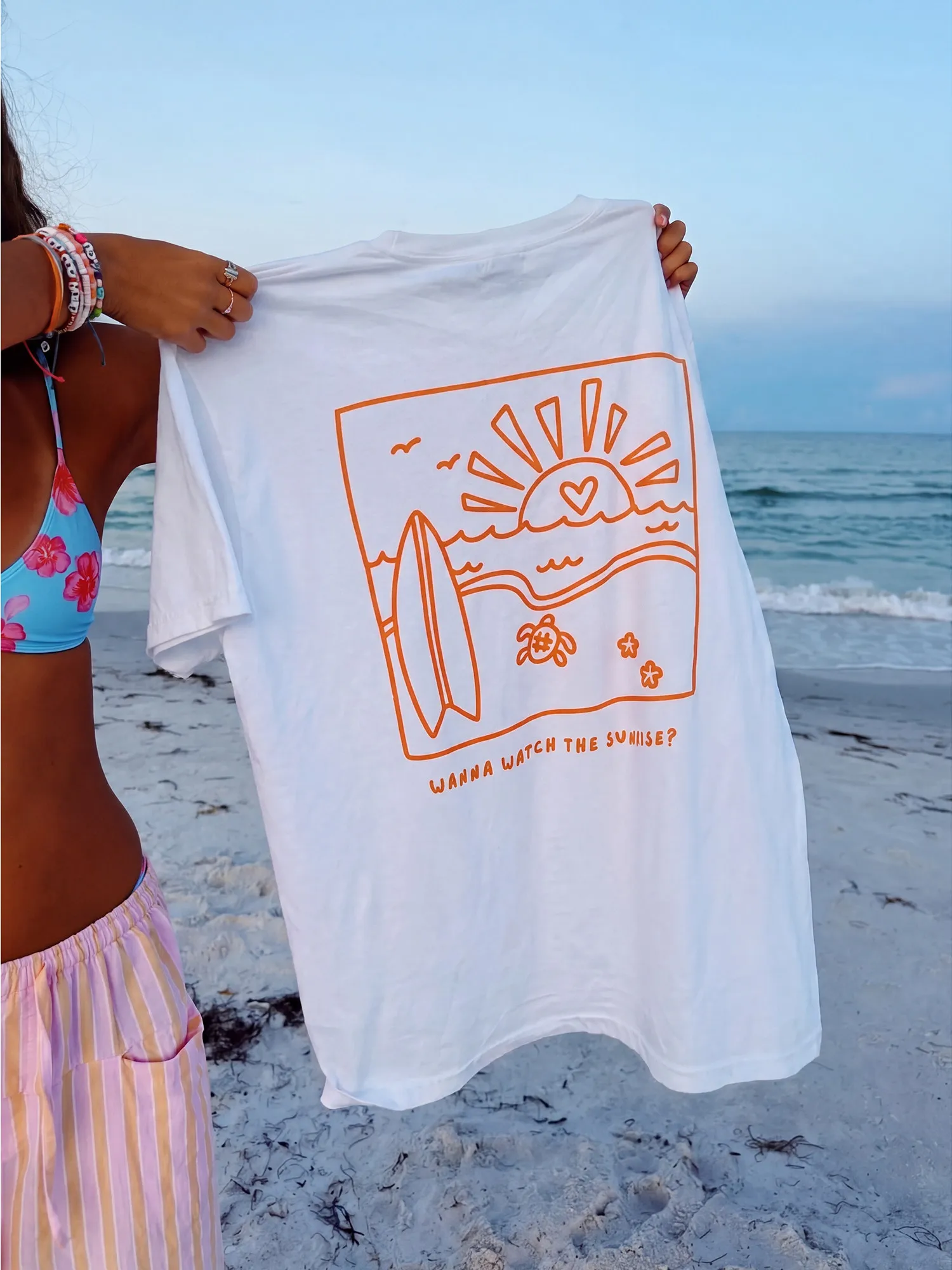 Boho Beach Sunrise Surf Graphic Cotton Tee Women Sweet T Shirt Back Print Sea Turtle Holiday Casual Summer Loose Top Russian New