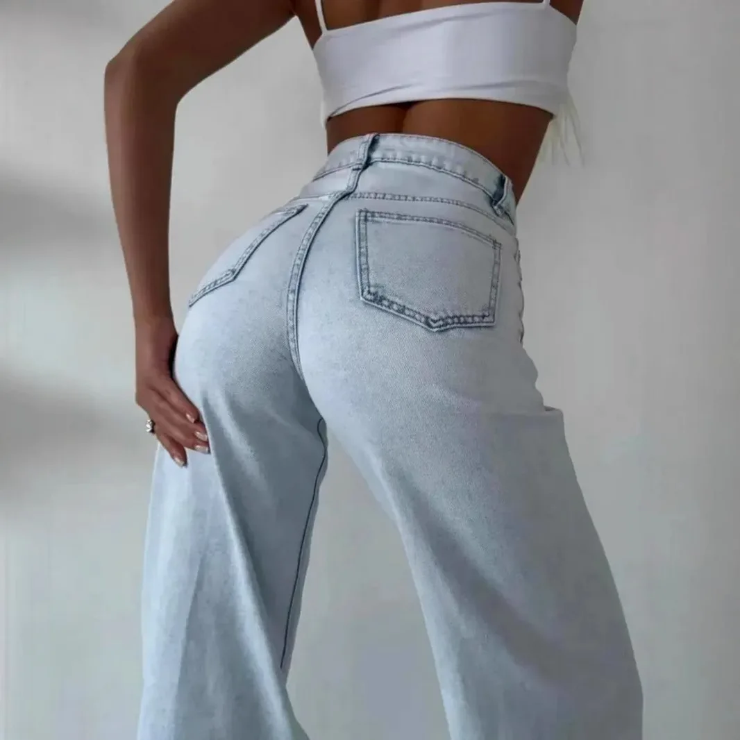 

High Waist Wide Leg Denim Jeans Women Summer Thin Straight Casual Long Pants Vintage Style Basic Model High Waist Polyester