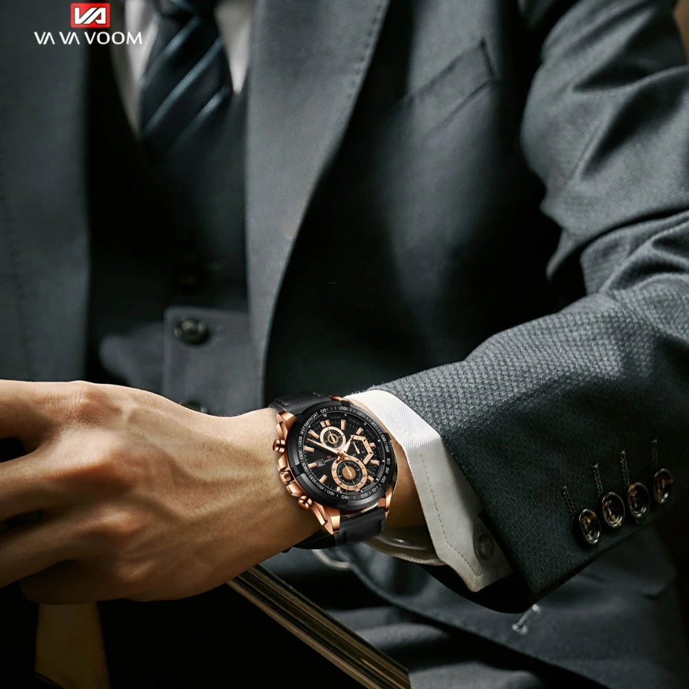 VA VA VOOM 2321 الرجال الرياضة حزام من الجلد تقويم الأعمال مقاوم للماء ساعة عادية كوارتز موضة ساعات للرجل Reloj Hombre #2