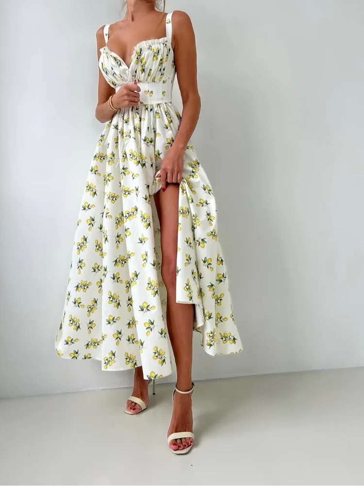

Элегантное женское платье с цветочным принтом, на бретельках, с завязками на талии, длинное, с разрезом, А-силуэт, новинка 2026 года, для отпуска и вечеринок