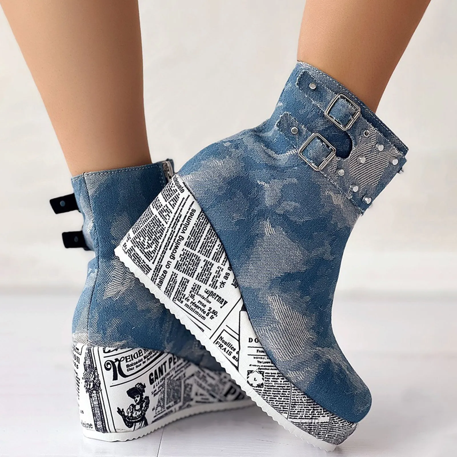 Y2K Women Boots Denim Fabric Fashion Printed Wedges High Heels Rhinestone Decro Ankle Boots Platform Vintage Ladies Winter Boots