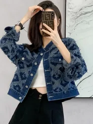 Vintage Spring Autumn Blue Denim Jacket Print Women Clothes High-end Short Cowboy Coat Streetwear Crop Tops Y2k Design Outerwear