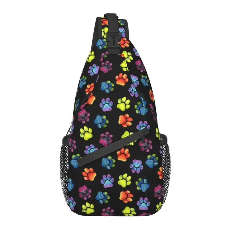 Black Rainbow Paw Print Pattern Sling Chest Crossbody Bag Men Casual Shoulder Backpack for Travel Cycling