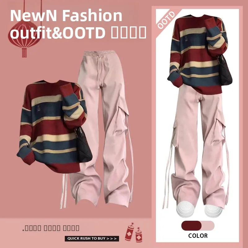 

Вязаный свитер в красную полоску с высокой талией, повседневные брюки, комплект из двух предметов на Новый год, модный комплект для похудения от gujie