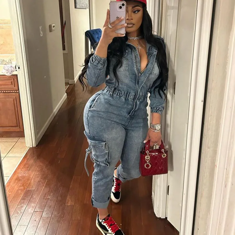 

Осенне-зимний джинсовый комбинезон, женский комбинезон с отложным воротником на молнии спереди, длинный рукав, высокая талия, цельные комбинезоны и комбинезоны с карманами