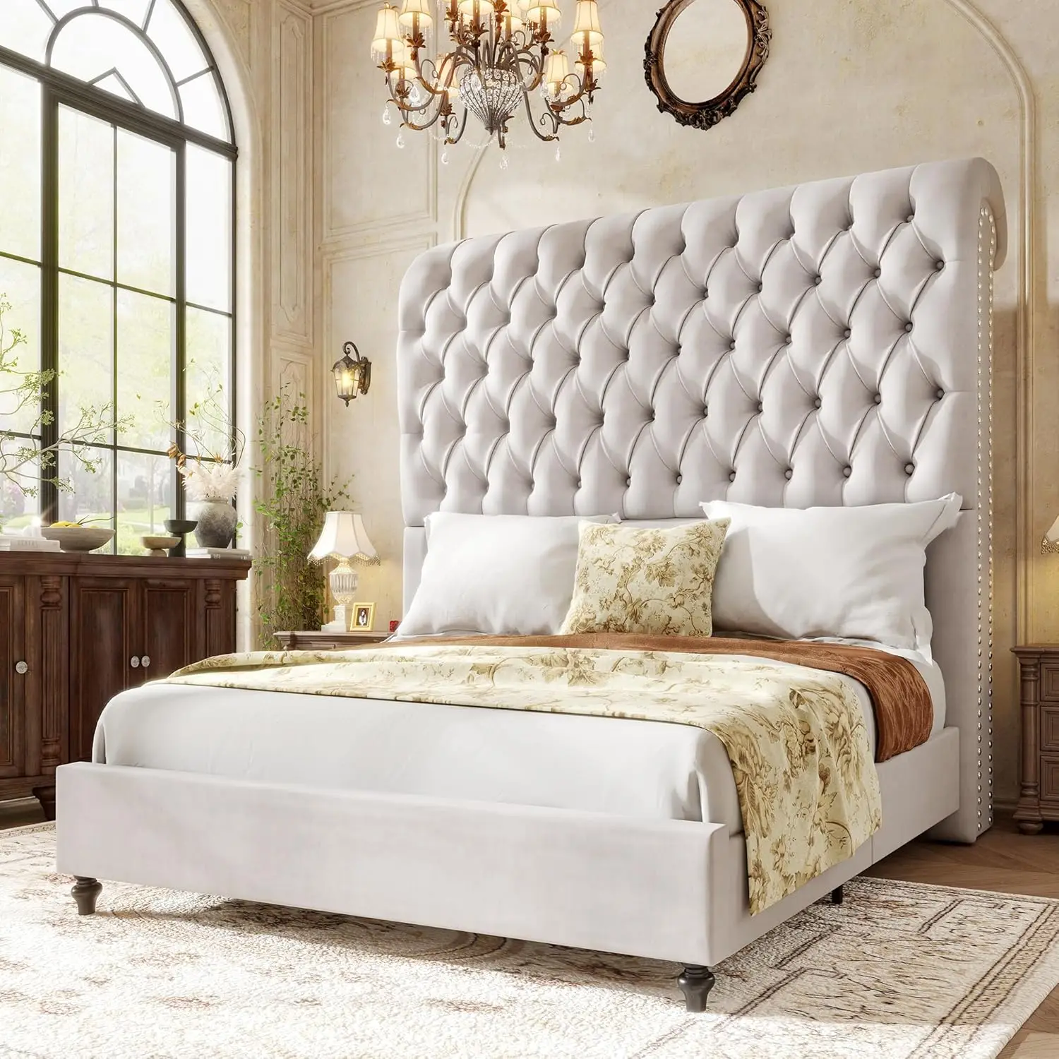 

King Size Upholstered Bed Frame Velvet Headboard Deep-Tufted Solid Wood Legs Noise-Free No Box Spring Cream, Customized