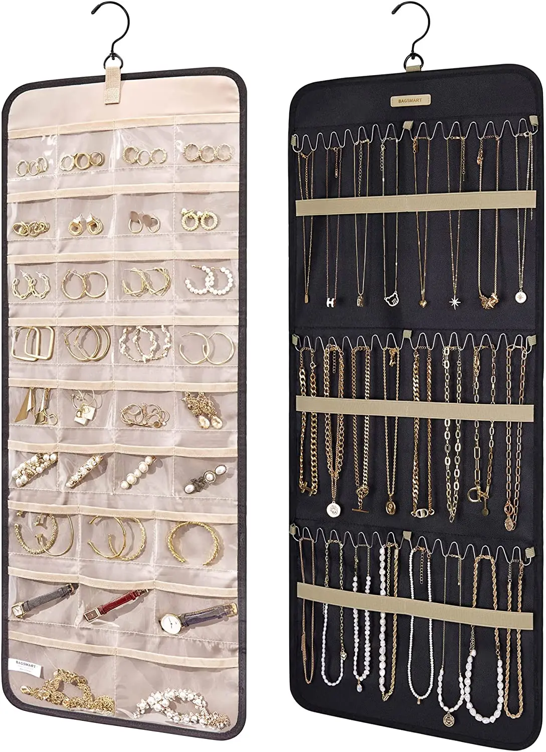 1 Pcs Hanging Jewelry Organizer Storage Roll With Hanger Metal Hooks Double-Sided Jewelry Holder For Earrings Necklaces Rings