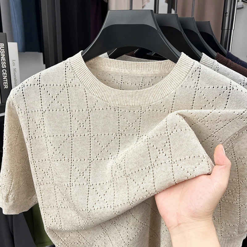 Personalisiertes Mesh-Kurzarm-T-Shirt für Herren, hochwertig gestrickt einfarbig Rundhalsausschnitt lässig modisch sommerlich atmungsaktiv