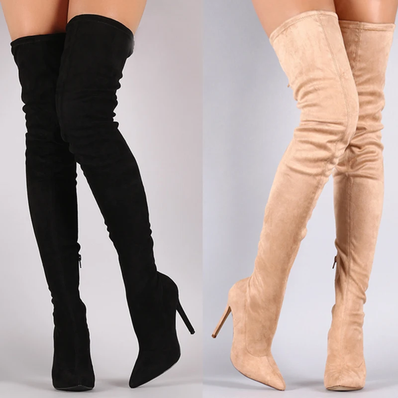 Sexy Stretch Suede 10cm High Heels Thigh Boots Pointed Toe Candy Suede Over The Knee Boots Woman Elastic Booties view 4