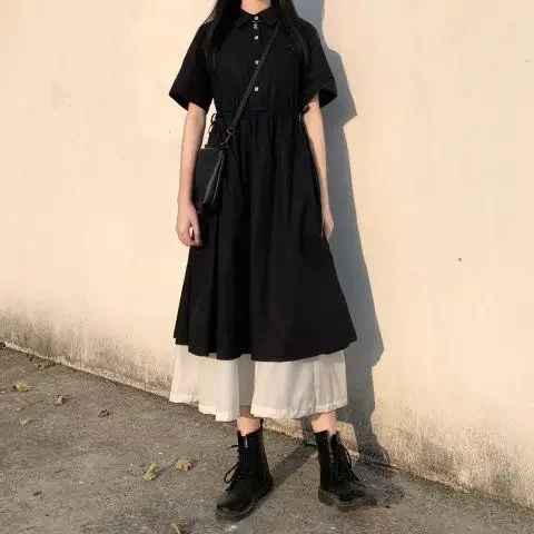 

Fake-two Pieces Patchwork Turn-down Collar Dress Harajuku Buttons Slender Stylish Lace-up Women Summer Short Sleeve Fairy Dress