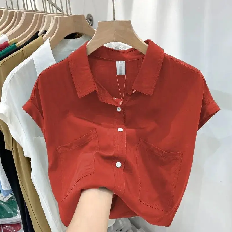 Camisa de batwing feminina de chiffon, colarinho polo monocromático, bolsos de peito único, tops soltos, moda, nova, verão, 2023