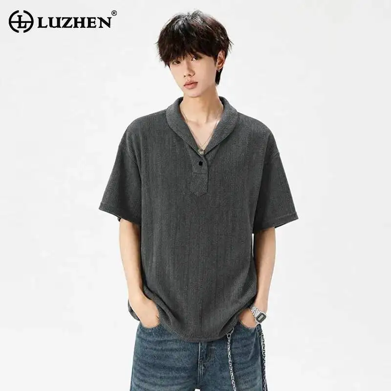 LUZHEN 2026 New Solid Color Lapel Short Sleeve T-shirts Men's Stylish Handsome High Quality Pure Cotton Loose Casual Tops JY7461