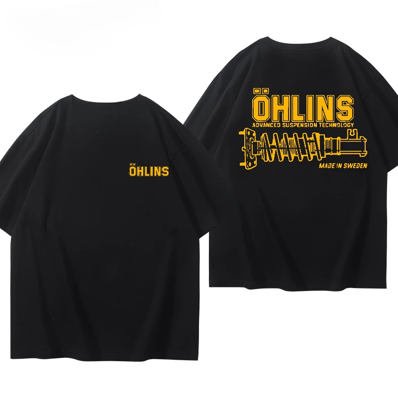 

2025 мотоциклетные амортизаторы OHLINS из модифицированного хлопка с короткими рукавами и принтом для мужчин и женщин, высококачественное роскошное издание