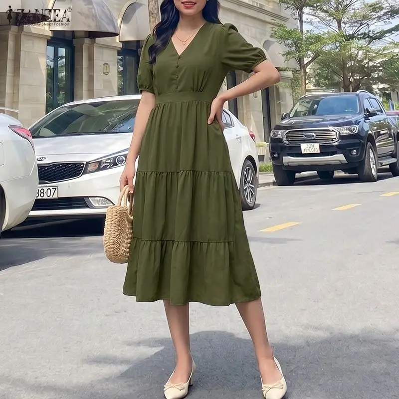 ZANZEA Damen-Sommerkleid, lässig, V-Ausschnitt, kurze Puffärmel, hohe Taille, gestufte Kleider, Urlaub, Ausgehen, A-Linie, Roben für Damen