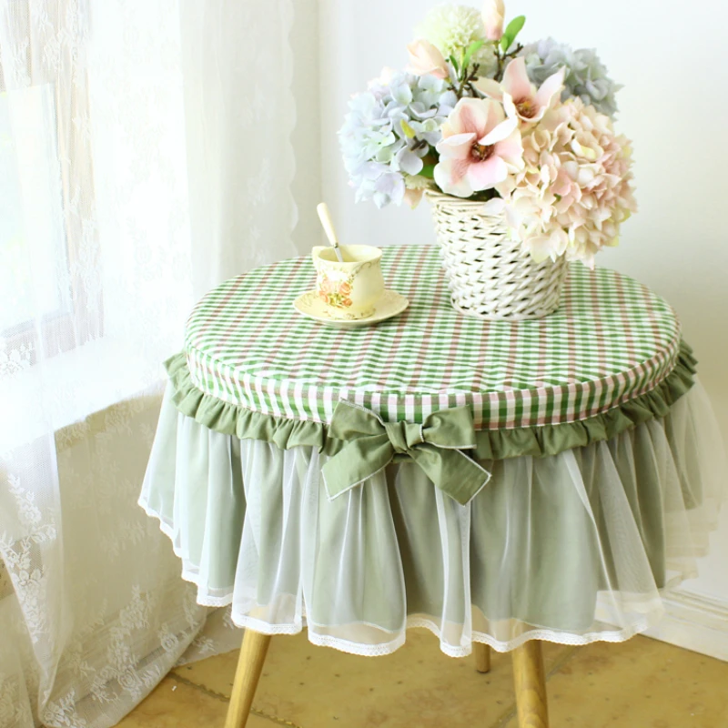 Washed cotton blue plaid small round tablecloth circular household round table cloth tea table pure cotton lace round bedside