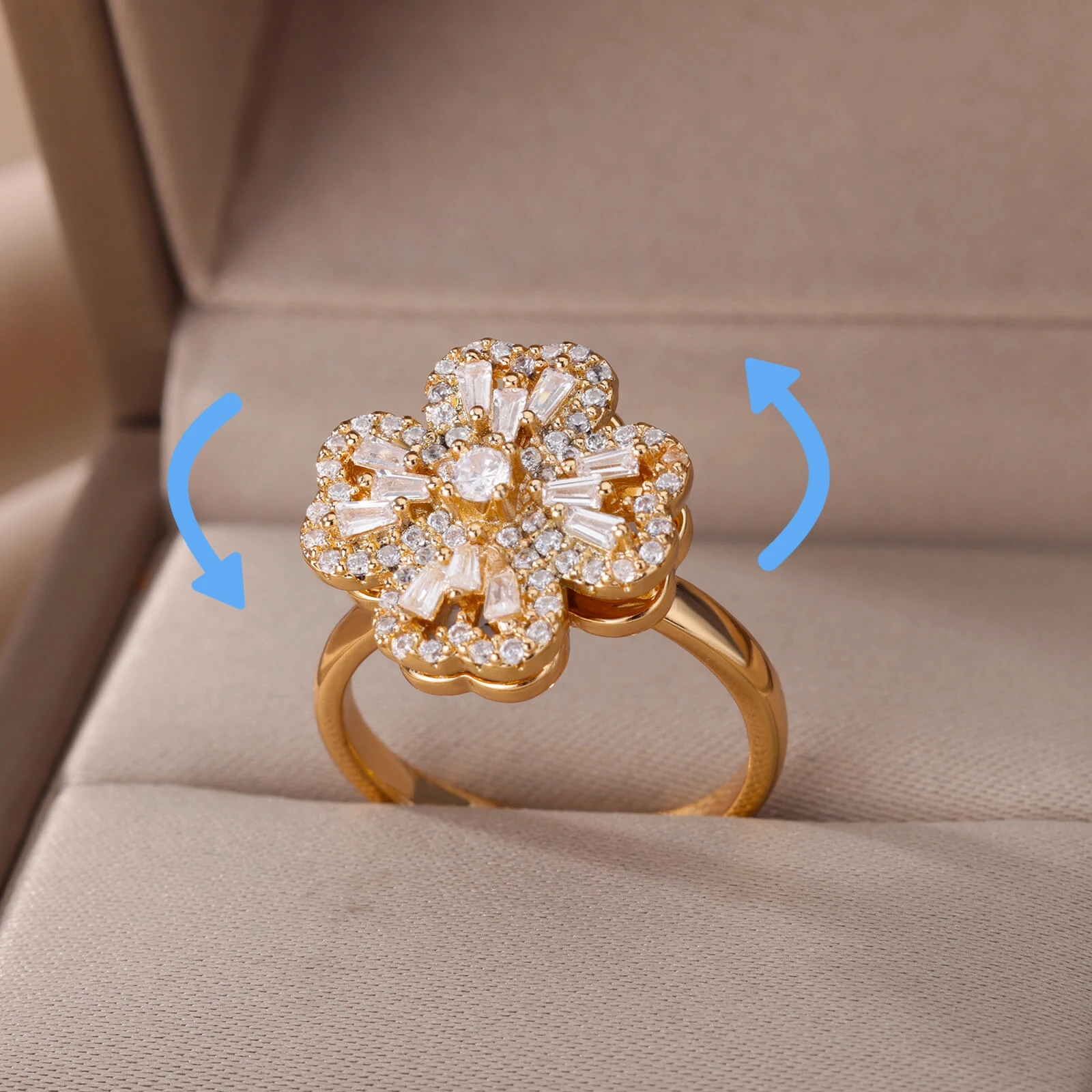Zircon Four-Clover Rings For Women Adjustable Gold Color Anti Stress Anxiety Fidget Rings Fashion Jewelry Gift