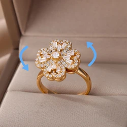 Zircon Four-Clover Rings For Women Adjustable Gold Color Anti Stress Anxiety Fidget Rings Fashion Jewelry Gift