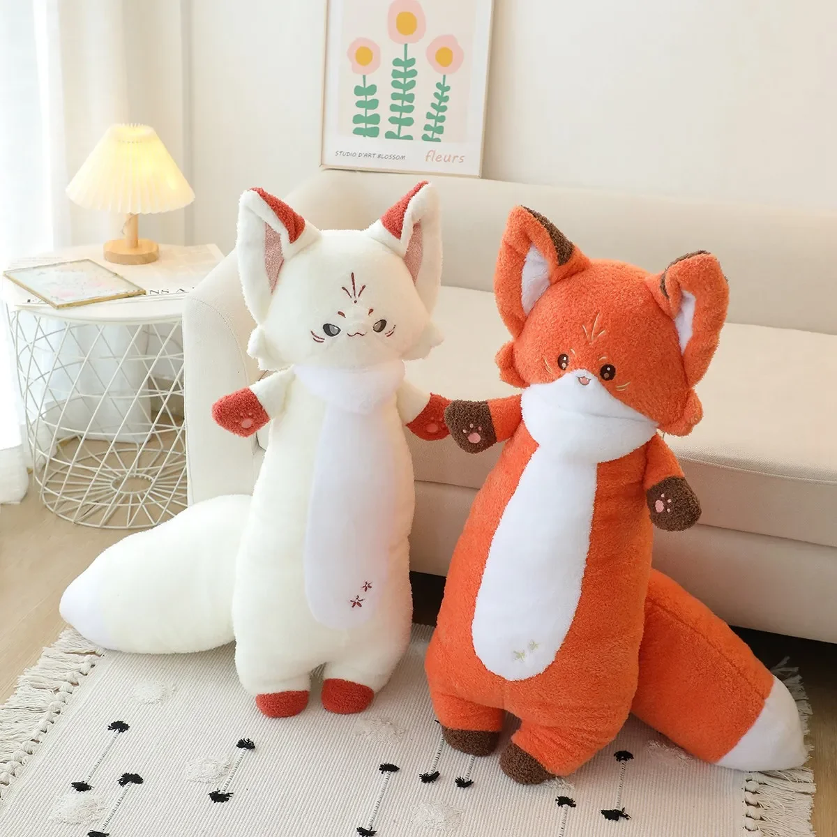 75cm Kawaii Standing Fox Doll Plush Toy Long Cartoon Animal Big Tail Sleeping Huggable Companion Pillow Plushie Gift for Kids